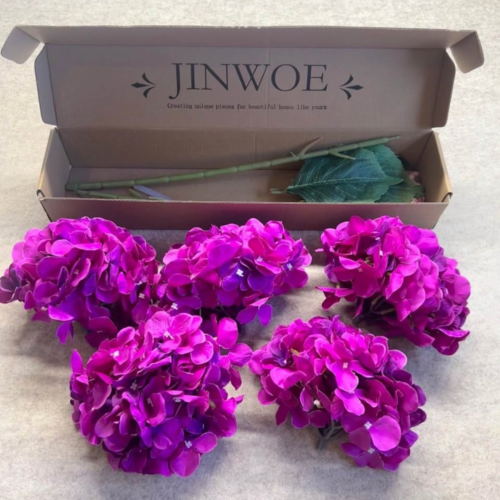 Jinwoe 5 Piece Artificial Hydrangea Silk Flower Heads Deep Purple Home Decor